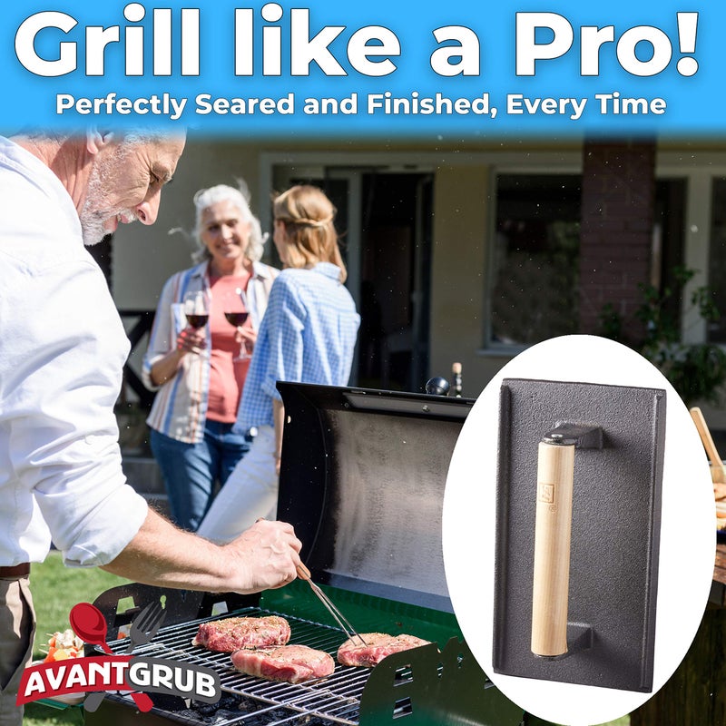 Avant Grub وزن شواية من الحديد الزهر، جاهز للاستخدام، 3 قطع. مكبس ستيك وبرغر ثقيل مع مقبض خشبي للشوايات، والمقالي، والأسطح المسطحة. أداة مثالية لعمل لحم الخنزير المقدد، والبانيه، والسندويشات، والخضروات. - Image 2